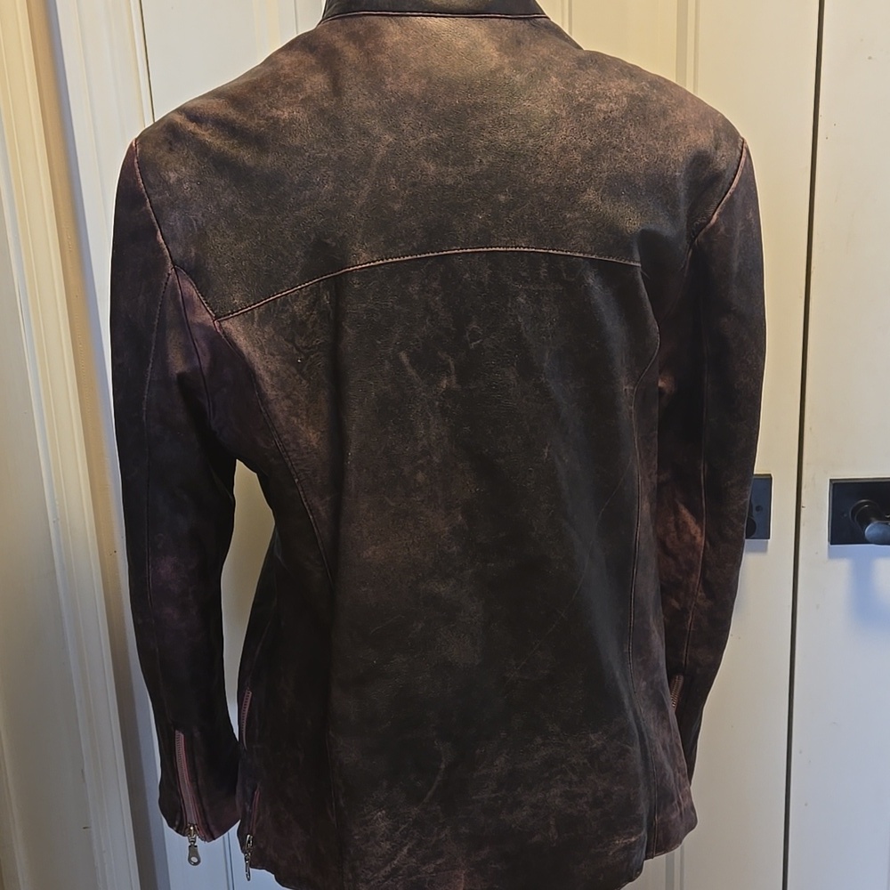 K OSS Womens Rasperry And Brown Distressed Leather Jacket Size Large - Picture 7 of 15